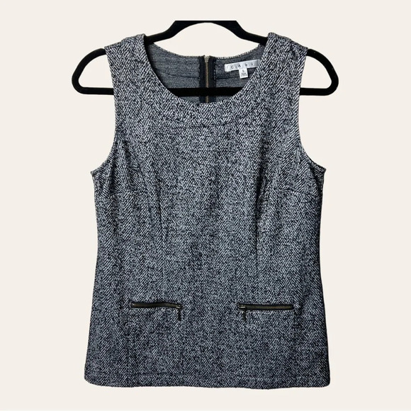 1138. CABI CECE SLEEVELESS TOP BLACK HERRINGBONE TWEED ZIP POCKETS SIZE SMALL - Picture 2 of 10